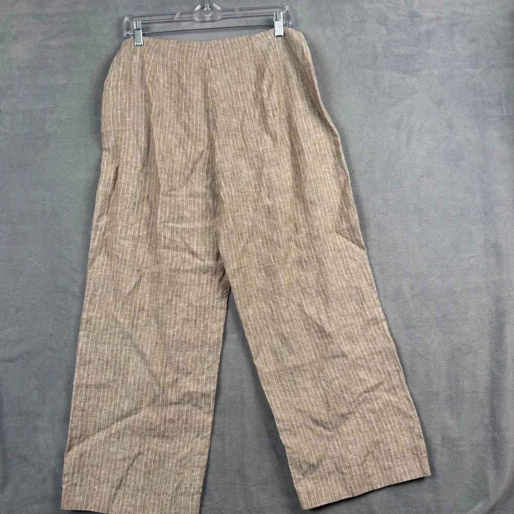 Theory Tan Pinstripe Linen Wide Leg Pants Side Zip‎ Trousers Size 10